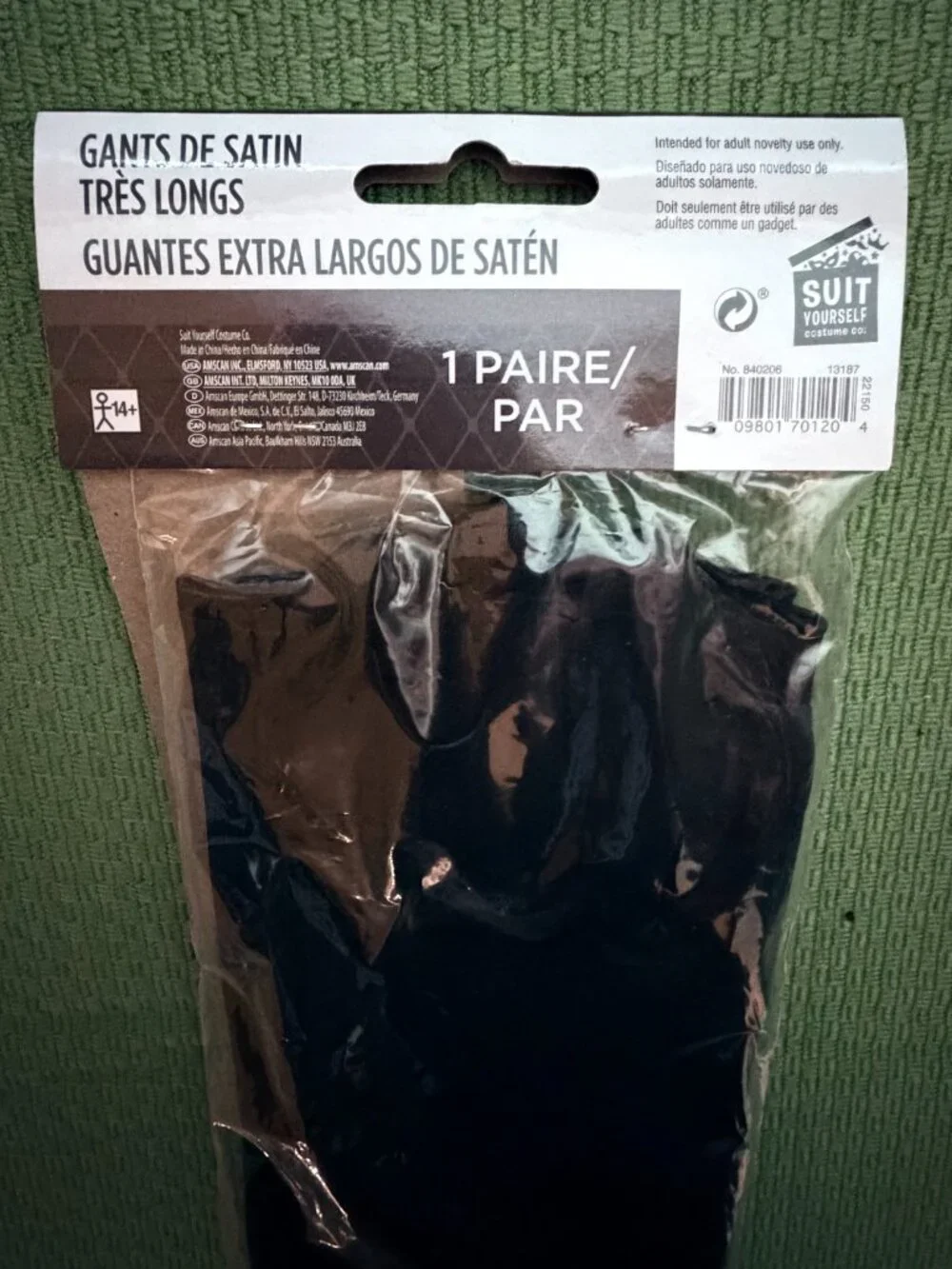 NWT Extra Long Pair Black Satin Gloves - Themed Parties - Novelty Wear